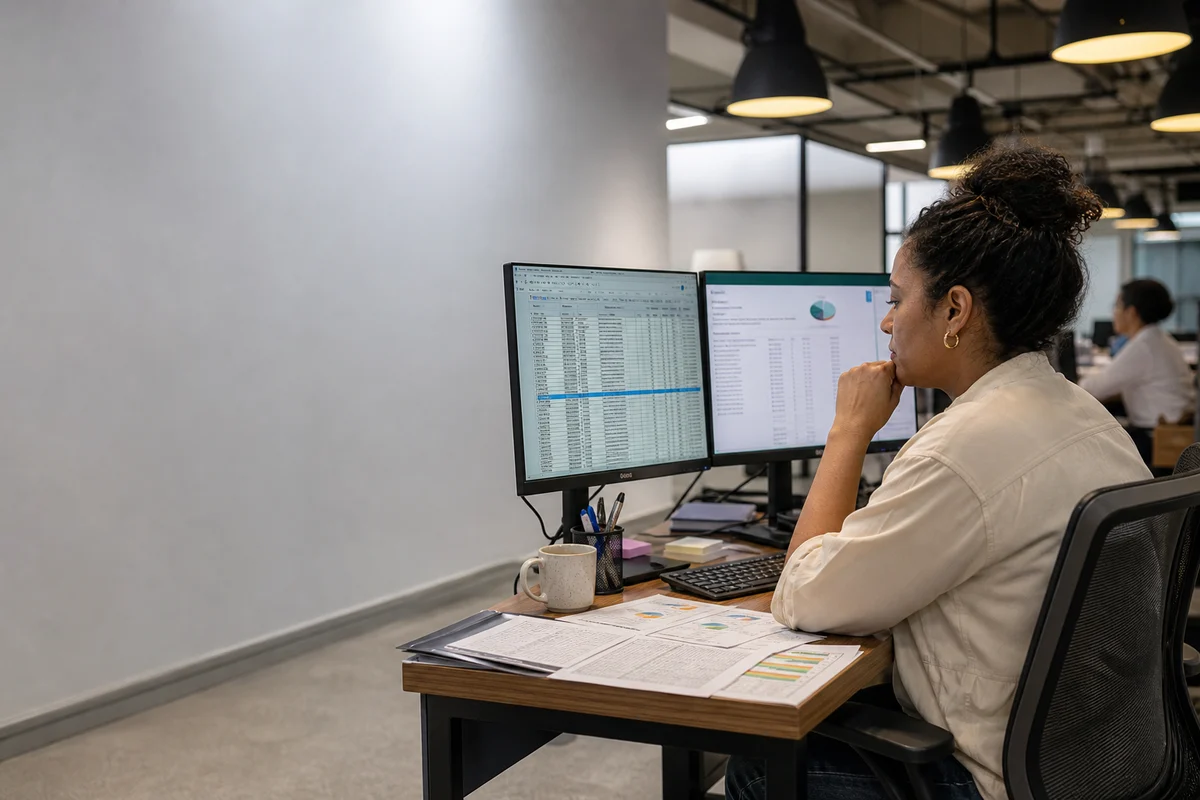 A procurement analyst reviewing supplier options on two monitors, printed spreadsheets on the desk