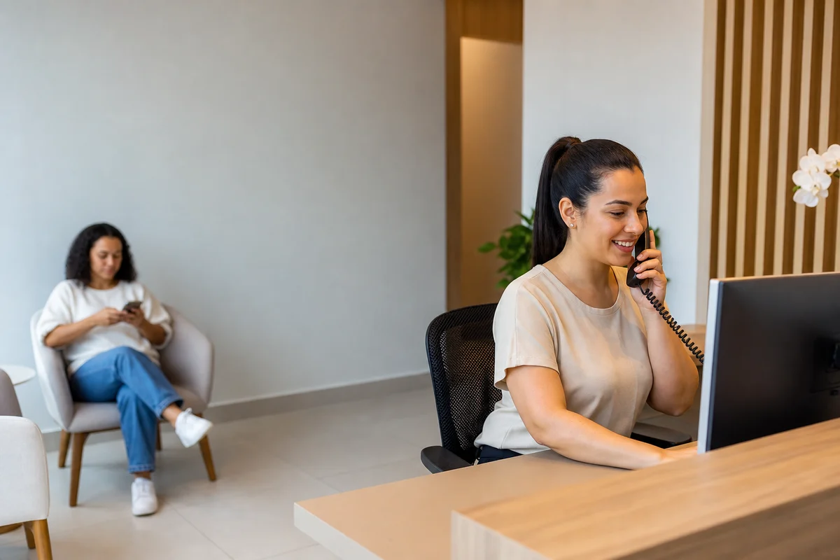 A clinic receptionist booking an appointment at the front desk, a patient waiting in a chair behind