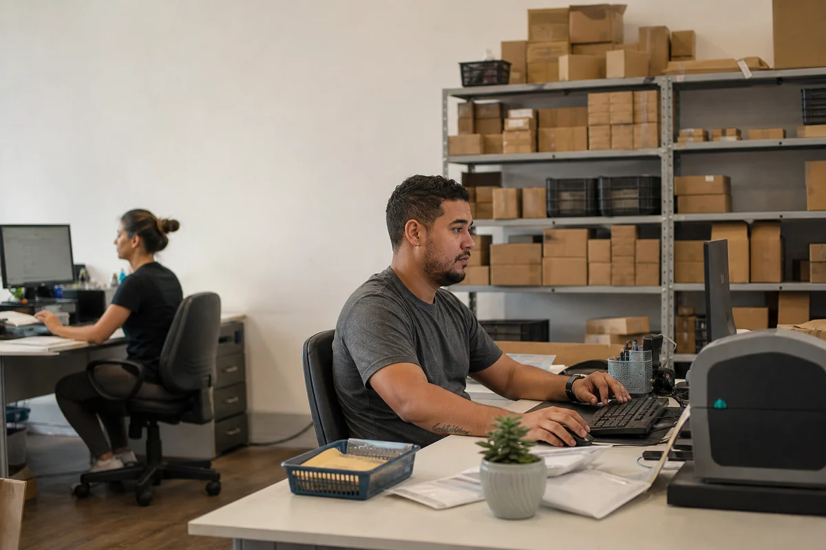 The operations area of an online store in the morning: two people at order screens, packed boxes on the shelves behind them