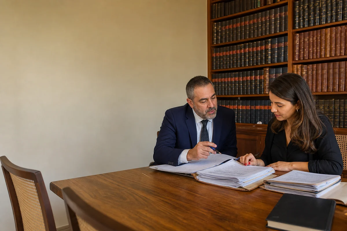 Advogado e assistente jurídica a uma mesa de reunião com pastas de processo abertas, estante de volumes encadernados ao fundo