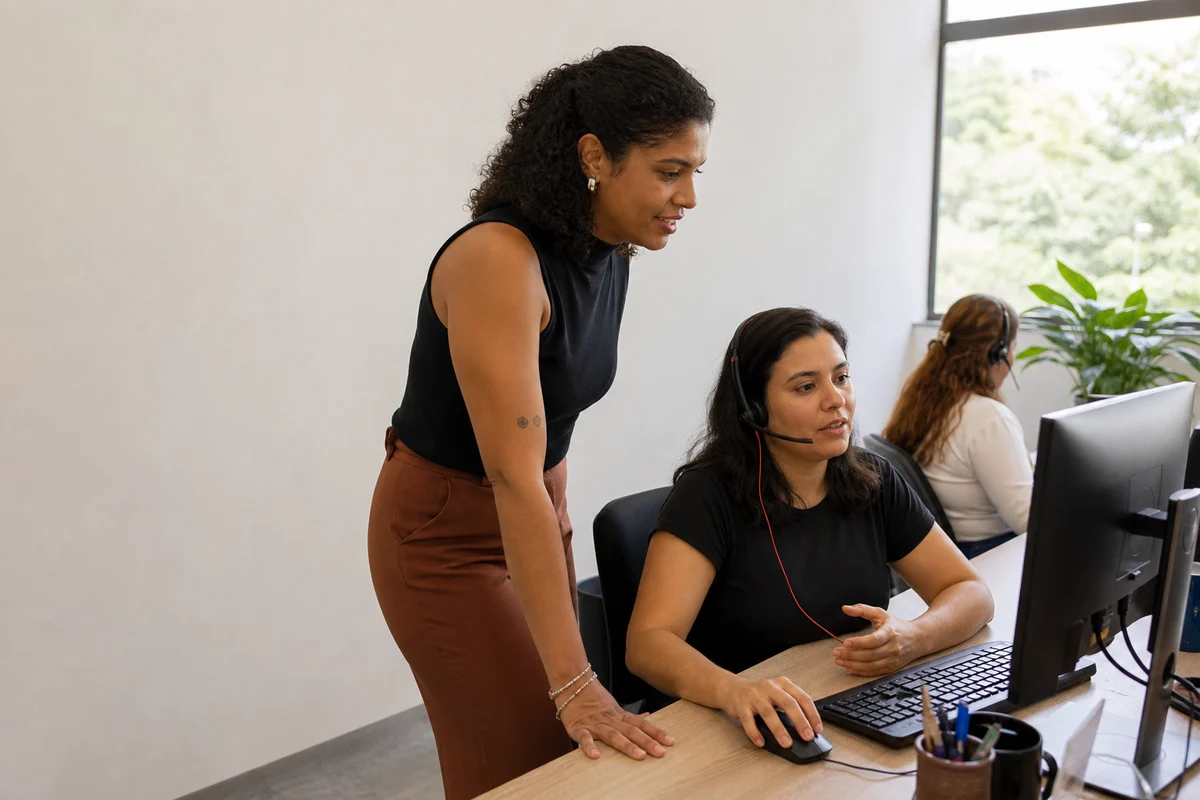 A support team leader standing beside a colleague's desk, both looking at a queue of conversations on the monitor