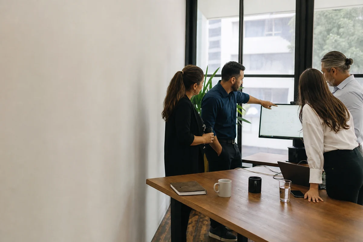 A sales team standing around a desk at the morning check-in, one person gesturing at the monitor