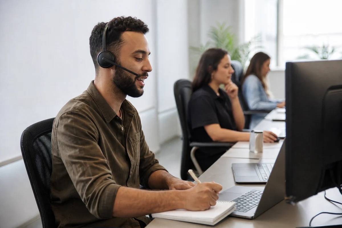 Pré-vendedor em ligação com headset numa mesa compartilhada, anotando num bloco, colegas trabalhando ao fundo